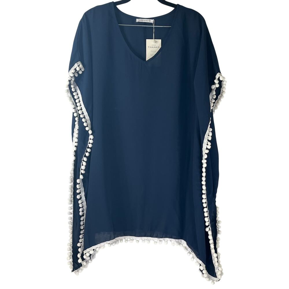 Adreamly Navy Blue Chiffon Tassel Kaftan Beach Cover Up Size S NWT